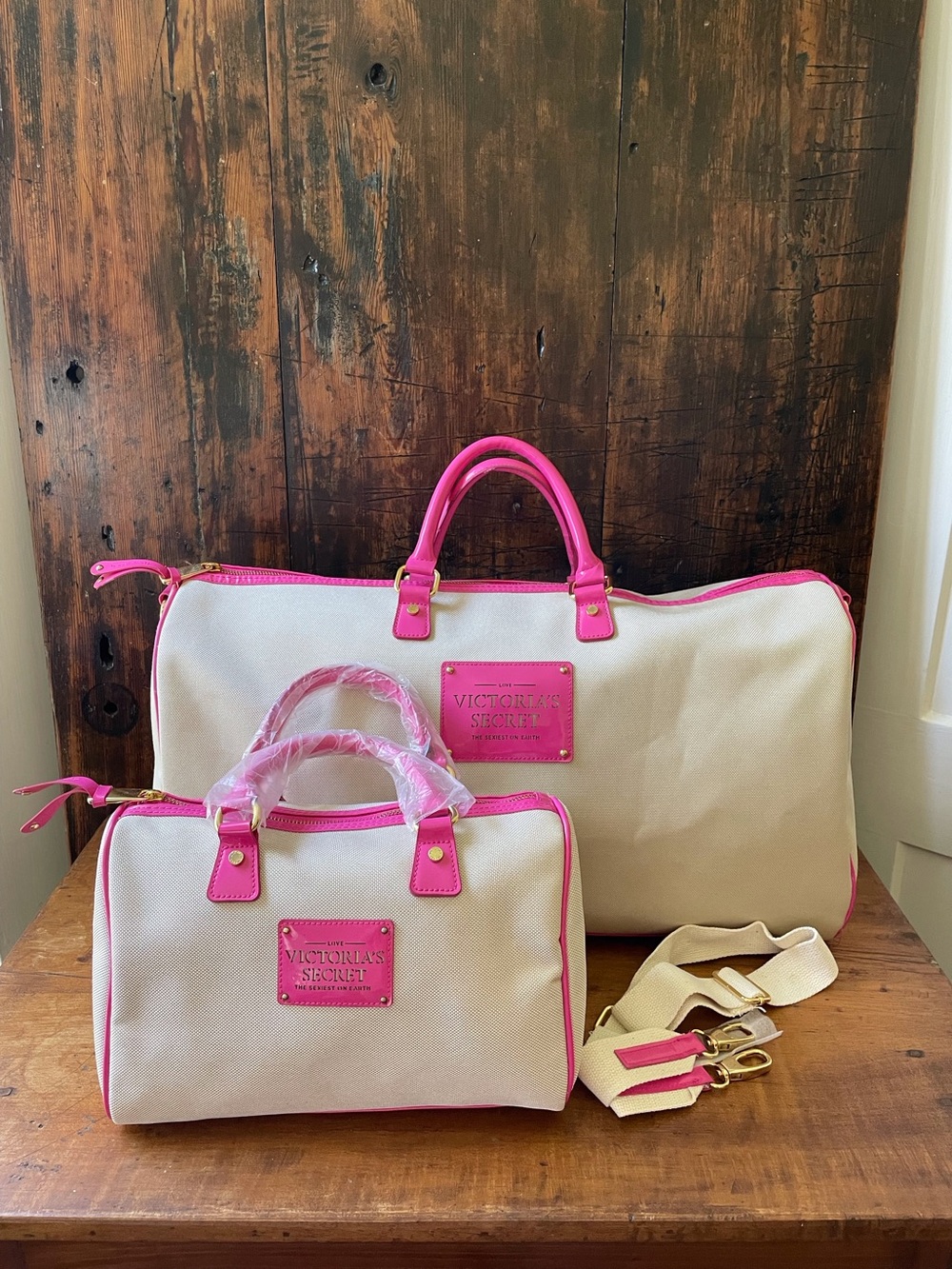 Victoria's Secret Weekender Duffel Bag Canvas Cream Hot Pink Y2K Travel Satchel - Picture 6 of 13